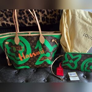 NEW Louis Vuitton Hawaiian Neverfull Kelly Green and Orange Tote
